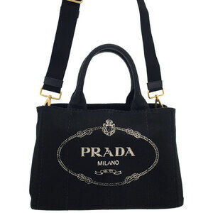 Prada Canapa Tote canvas handbag top handles 2way Black
